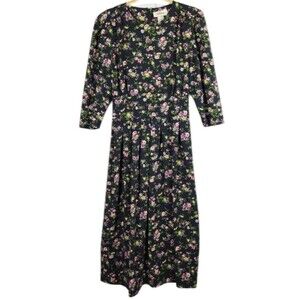 Worthington Dress Vintage 80s 90s Puffed 3/4 Sleeves Floral Pink on Black 10/12
